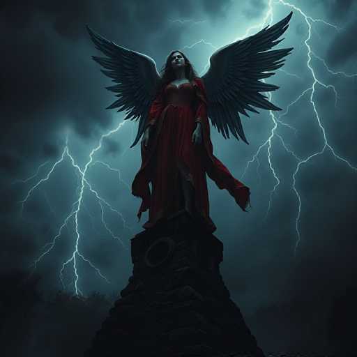 A statue of an angel stands on a stone pedestal against a dark sky with lightning bolts and thunderous clouds. The angel is depicted wearing a vibrant red dress and has wings spread wide in a display of power and grace.