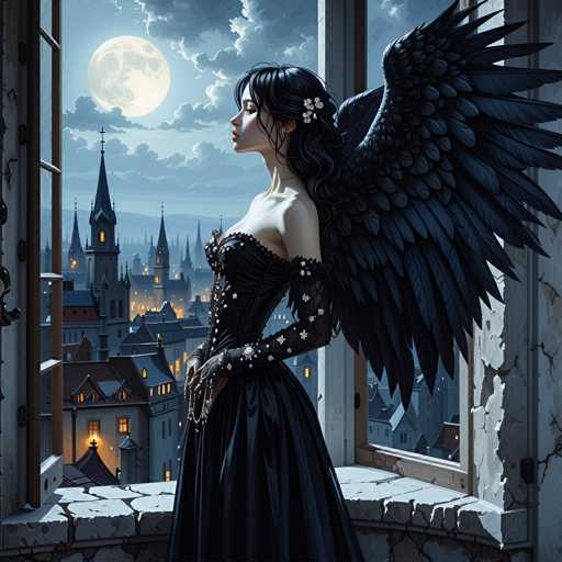The image depicts an angel standing on a stone ledge with her wings spread wide and her head tilted back as she gazes out at the city below. The city is illuminated by lights, creating a contrast between the dark sky above and the brightly lit buildings below.
