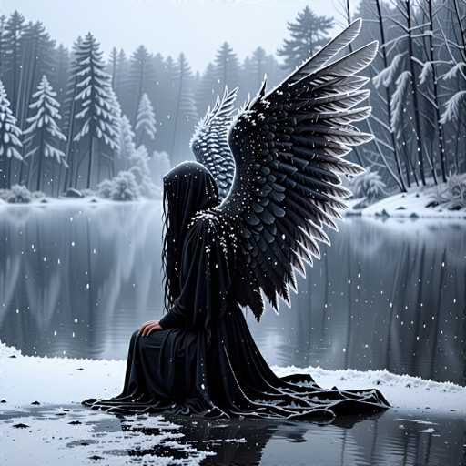 A woman with long hair and a black dress is sitting on a rock by the water's edge, wearing a hooded cape that covers her head. The background features snow-covered trees and a body of water reflecting the surrounding scenery.