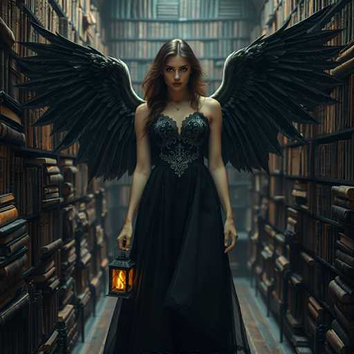 A woman stands in a library surrounded by bookshelves filled with books and lanterns hanging from the ceiling. She is wearing a long black dress with gold accents and has large wings on her back.