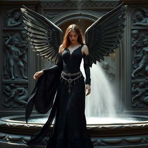 A woman with long red hair and a black dress stands before a fountain, her arms outstretched as she gazes at the water. The fountain is surrounded by stone statues of angels, adding to the ethereal atmosphere of the scene.