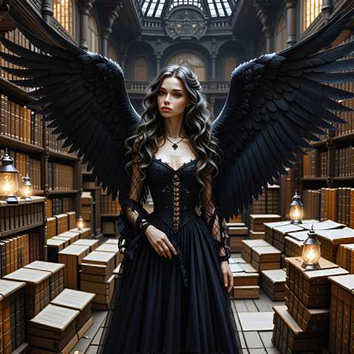 A woman with long dark hair and large wings stands in a library surrounded by bookshelves filled with books of various sizes and colors. She is wearing a black dress that contrasts with the warm tones of the wooden floor beneath her feet. The room has an air of quiet elegance, with the woman as its central figure against this backdrop.