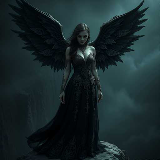 A woman with long dark hair and a black dress stands on a rock, her arms crossed over her chest as she gazes off into the distance. The sky above is filled with clouds, creating an atmospheric backdrop for the scene.