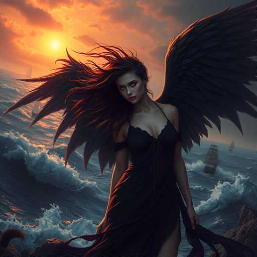 A woman with long dark hair and a black dress stands on a rocky shoreline, her arms outstretched as she gazes towards the horizon where boats can be seen sailing against an orange sky.