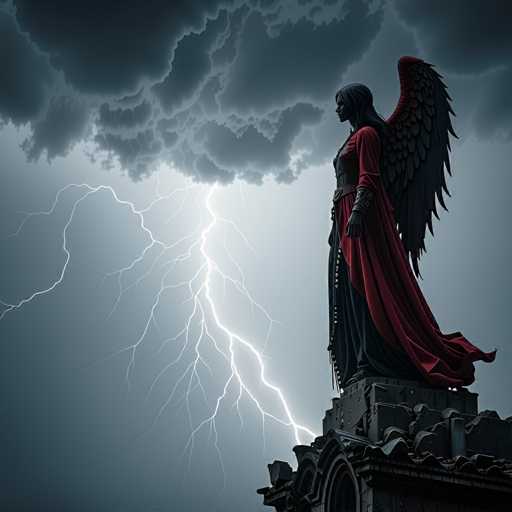 The image depicts an angel statue perched atop a stone structure with a pointed roof and a cross at the top. The angel is wearing a red robe and has wings spread out behind it. The sky above is filled with dark clouds, suggesting an overcast day or stormy weather. A bolt of lightning streaks across the sky in front of the angel, creating a dramatic contrast between the static statue and the dynamic natural phenomenon.