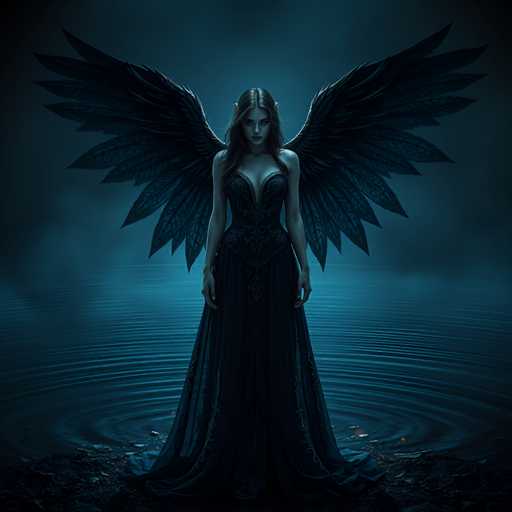 A woman stands alone on a rocky shoreline, her back facing the viewer with wings spread wide behind her. She is wearing a long black dress and has long hair cascading down her shoulders. The water surrounding her is dark blue-green in color, reflecting the overcast sky above.