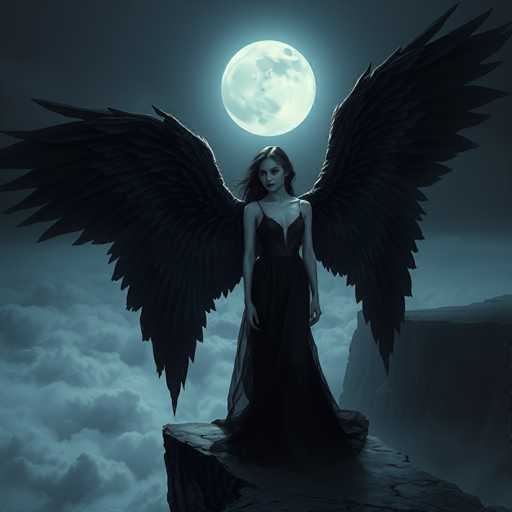 A woman with long black hair and wings stands on a cliff overlooking the ocean at night. She is wearing a black dress that flows down to her feet. The sky above her is dark blue, and the moon is visible in the top right corner of the image.