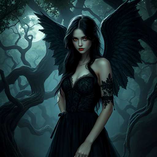 A woman with long dark hair and a black dress stands in front of a large tree trunk, her arms crossed over her chest. The background is filled with trees and foliage, creating an atmosphere of mystery and intrigue.
