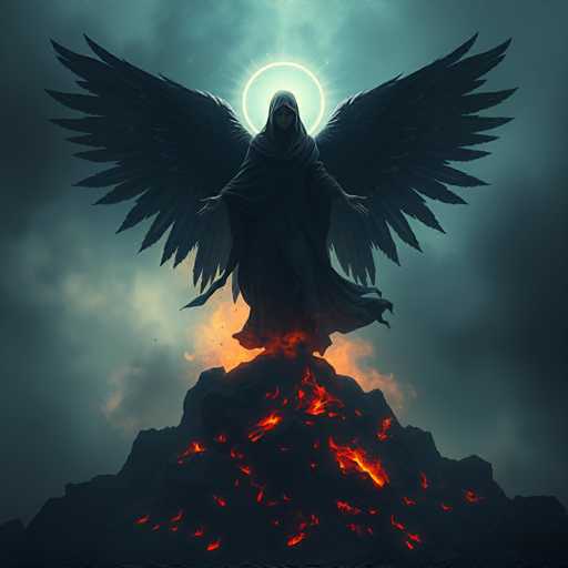The image depicts an angel with wings spread out and a halo around its head, standing on top of a mountain. The background is dark and cloudy, creating a dramatic atmosphere. The colors used in the image are predominantly black and red, which further enhances the sense of mystery and darkness.