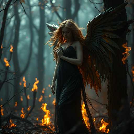 A woman with long red hair and a black dress stands in front of a burning tree in the woods. The fire is consuming the tree's trunk and branches, creating an eerie atmosphere.