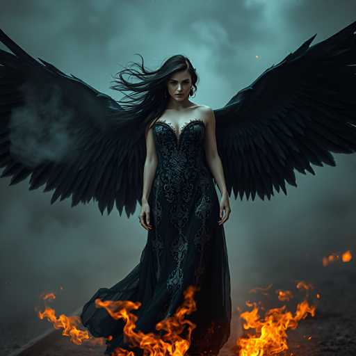 A woman with long dark hair and wings stands in front of a fire burning orange flames on the ground. She is wearing a black dress with gold accents and has her arms crossed over her chest. The background is dark and cloudy, creating an atmosphere of mystery and danger.