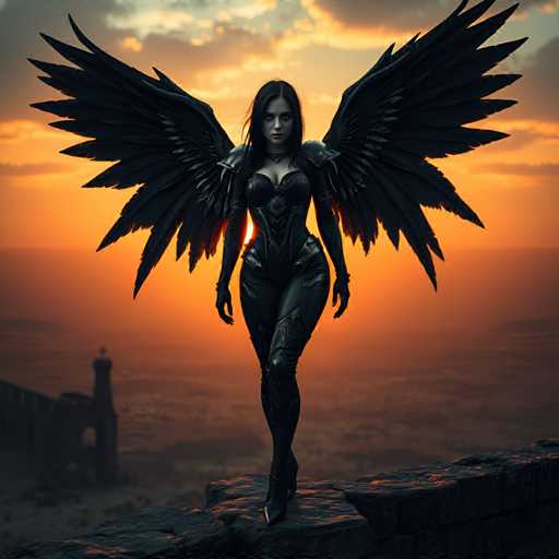 A woman with long dark hair and wings is standing on a cliff overlooking the ocean at sunset. She is dressed in black leather attire that includes a corset and boots. The sky behind her is painted in shades of orange and yellow, creating a warm glow against the cool tones of the setting sun.