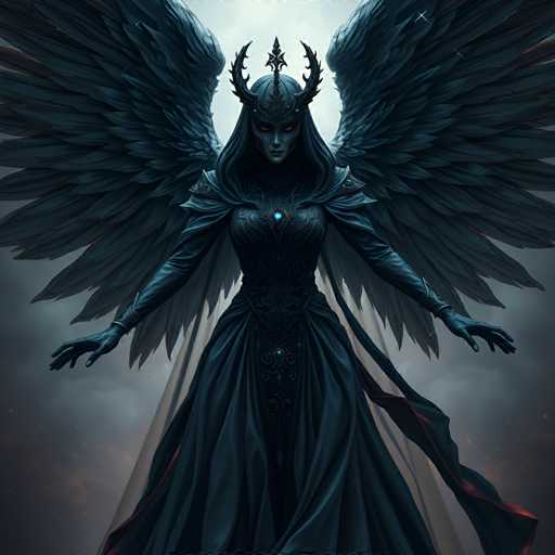 The image depicts an angel with a long black dress and wings spread wide, standing against a dark background that includes clouds and fire. The angel's face is partially obscured by the wings, adding to the mysterious atmosphere of the scene.