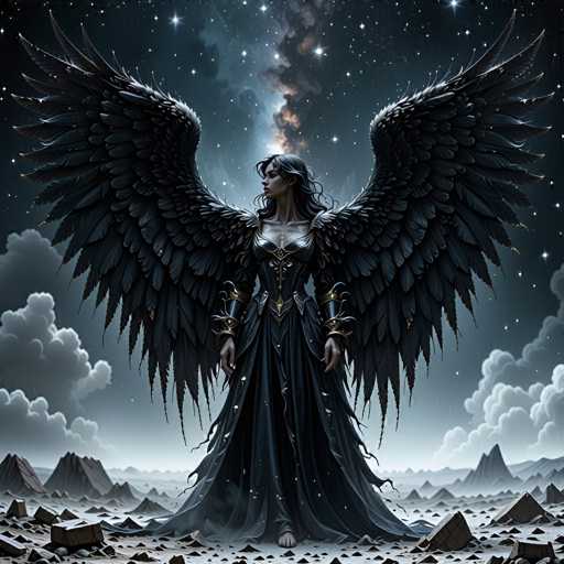 A woman with long black hair and wings stands on a rocky outcropping under the night sky, wearing a dark dress that contrasts with the surrounding darkness. The scene is illuminated by stars, creating an ethereal atmosphere.