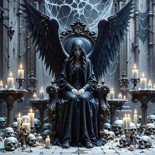 The image depicts an angel seated on a throne surrounded by numerous skulls and candles. The angel is wearing a long black robe with wings spread wide behind her head, and the throne has a gold frame. The scene is set against a dark background with spiderwebs hanging from the ceiling.
