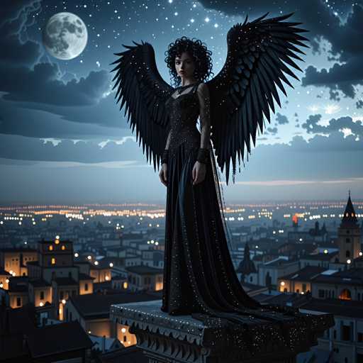 A woman stands on a stone pedestal with her arms crossed and legs apart, wearing a long black dress adorned with gold accents and large wings that spread out behind her. The city skyline is visible in the background, bathed in the soft glow of streetlights against the dark night sky.