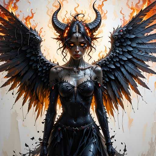 A woman with black wings and a red eye is depicted wearing a black dress and holding a sword. The background features flames and smoke, creating an atmosphere of fire and chaos.