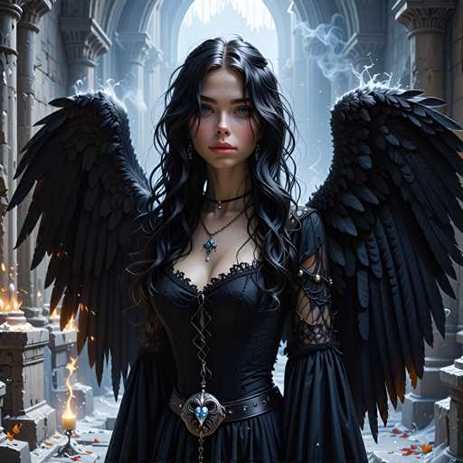 A woman with long dark hair and large wings stands in a dimly lit room filled with smoke and flames. She is wearing a black dress adorned with gold accents and a necklace featuring blue stones. The room has stone columns and walls that are charred by the fire, creating an atmosphere of danger and mystery.