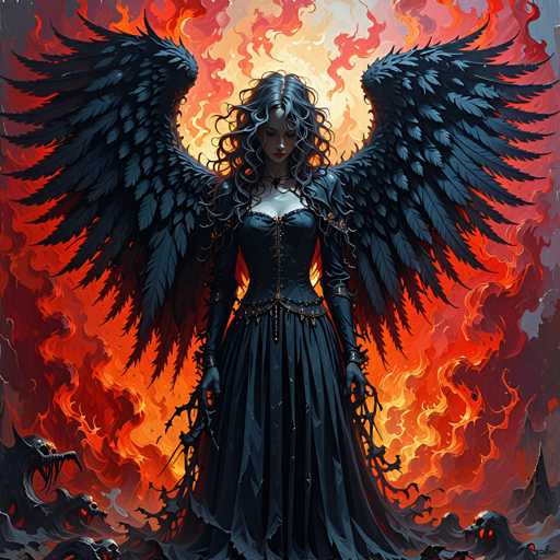 The image depicts a woman with long black hair and wings, dressed in a dark blue dress adorned with gold accents. The background is a fiery orange color, possibly representing fire or flames, which contrasts with the woman's dark attire. The woman stands alone against this backdrop, creating a striking visual effect.