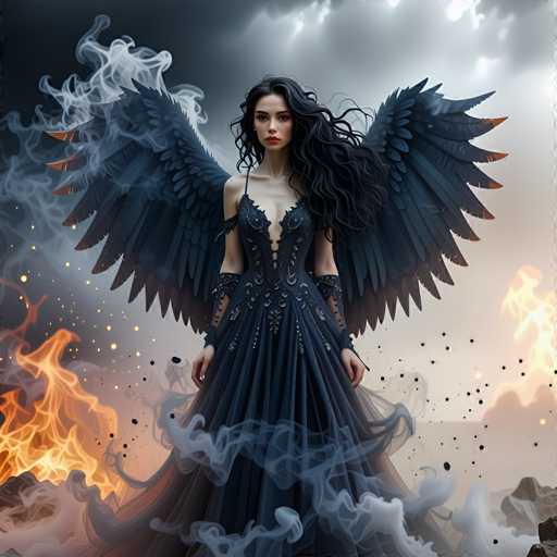 A woman with long dark hair and wings stands in front of a fire that is burning brightly on the right side of the image. She is wearing a black dress adorned with gold accents and has her arms crossed over her chest. The background features a dramatic sky filled with smoke and flames, creating an atmosphere of danger and mystery.