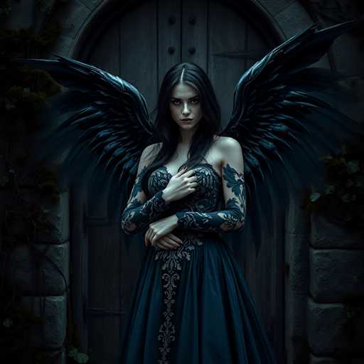 A woman with long dark hair and a black dress stands in front of an old wooden door adorned with ivy. The woman is holding her hands together in front of the door, creating a sense of balance within the composition.