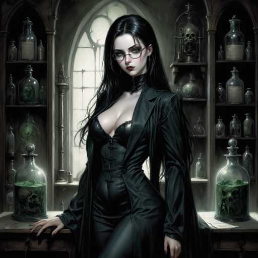 The image depicts a woman dressed in a black outfit with a corset and high heels standing in front of a table filled with various glass vials containing green liquids. The room has an old-fashioned atmosphere, with a large window on the left side allowing natural light to enter the space.