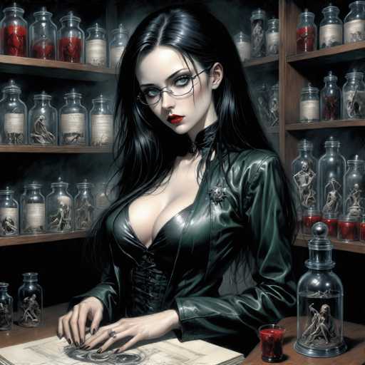 The image depicts a woman with long dark hair wearing glasses and a black leather jacket standing behind a desk filled with various glass jars containing red liquids. The desk also has a book on it, suggesting that the woman might be engaged in some form of research or study related to the contents of these jars.
