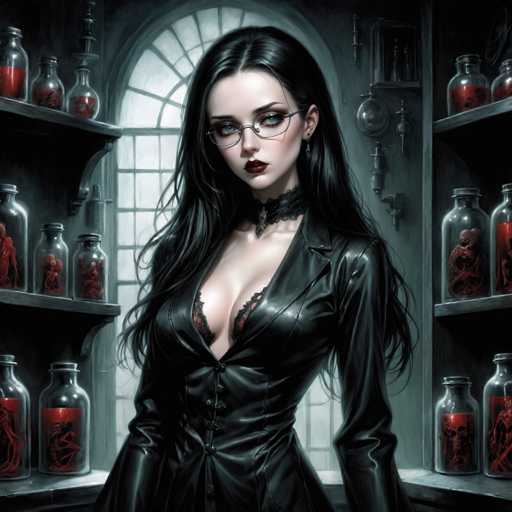 The image depicts a woman with long dark hair wearing a black dress and glasses standing in front of a window filled with various glass vials containing red liquids. The background is dark and features an archway that leads to another room.