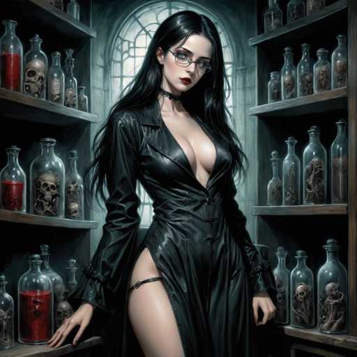 The image depicts a woman standing in front of a shelf filled with various glass bottles and jars containing skulls and other eerie objects. The woman is wearing a black leather dress that reaches down to her knees, revealing her legs. She has long dark hair and is wearing glasses.