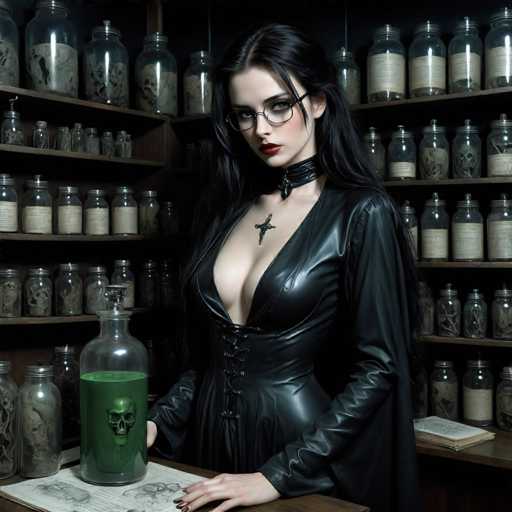 A woman with long dark hair and glasses stands in front of a table covered with various jars and bottles containing different substances such as green liquid and skulls. She is wearing a black leather dress that contrasts with the light-colored background. The room has shelves filled with jars and bottles, suggesting it might be a laboratory or a shop selling chemicals.