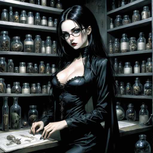 A woman with long dark hair and glasses is standing at a desk surrounded by various glass jars containing different objects such as skulls and bones. She is wearing a black dress that contrasts with the light-colored background of the room. The room appears to be a laboratory or a museum, filled with shelves holding numerous glass jars and other items related to science or history.