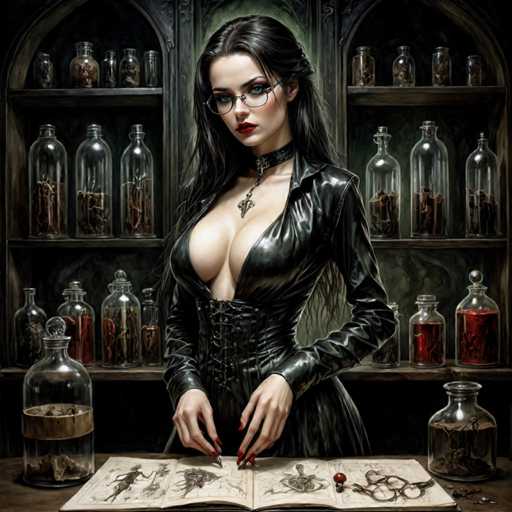 A woman with long dark hair and glasses is standing at a table covered with various glass jars containing liquids of different colors. She is wearing a black dress that contrasts with the colorful contents of the jars around her. The table also has an open book in front of her, suggesting she might be engaged in some sort of research or study related to the jars' contents.
