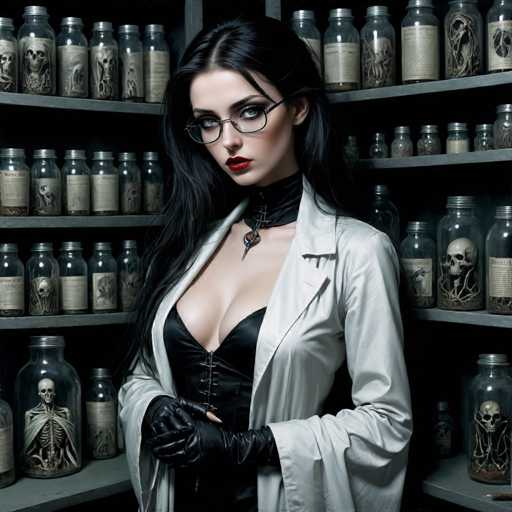 A woman with long dark hair and glasses stands in front of a shelf filled with glass jars containing skulls and other eerie objects. She is wearing a white blazer over a black dress and has her hands clasped together in front of her.