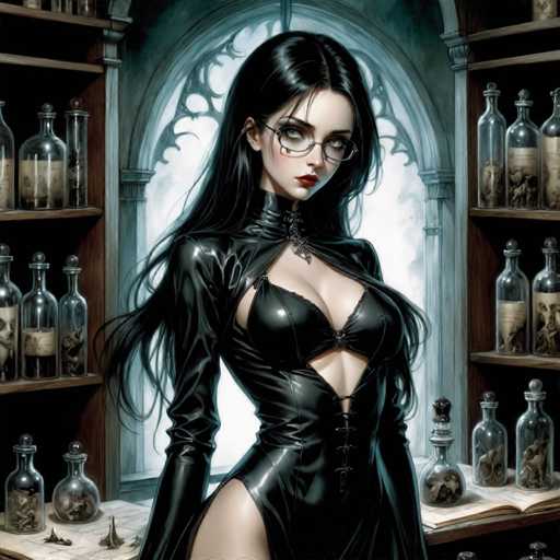 The image depicts a woman with long dark hair wearing a black leather outfit and glasses standing in front of a large window filled with various glass bottles arranged on shelves. The background features an archway that adds to the Gothic atmosphere of the scene.