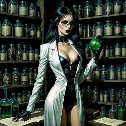 A woman dressed in a white lab coat and black skirt stands in front of a shelf filled with glass bottles containing various chemicals. She is wearing glasses and holding a green ball.