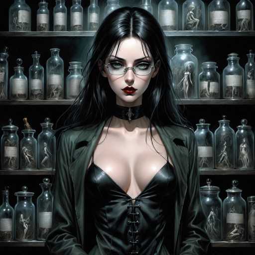 The image depicts a woman with long dark hair wearing a black dress and glasses standing in front of a shelf filled with glass jars containing various objects such as skulls and other eerie items. The background is dark and shrouded in shadows, creating an atmosphere of mystery and intrigue.