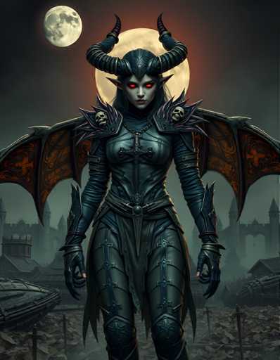 A woman with red eyes and horns stands in a dark, foggy landscape, wearing a black outfit that includes a helmet and armor. The background is shrouded in darkness, with the silhouette of buildings visible through the fog.