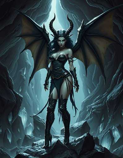 A woman with long dark hair and large wings stands on a rock formation in the center of a cave filled with crystals. She is wearing a black dress that contrasts with her surroundings. The cave has a rocky ceiling and walls covered in various crystals, creating an ethereal atmosphere.