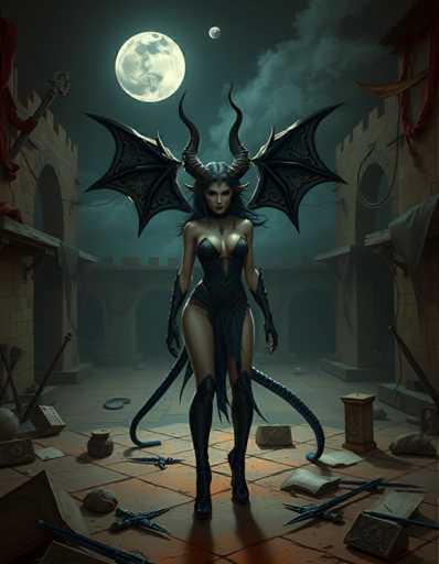 A woman with horns and wings stands on a stone platform, holding a sword in her right hand and a shield in her left hand. The background features a castle-like structure with arches and towers, surrounded by a moat filled with water. A full moon is visible in the sky above the scene.