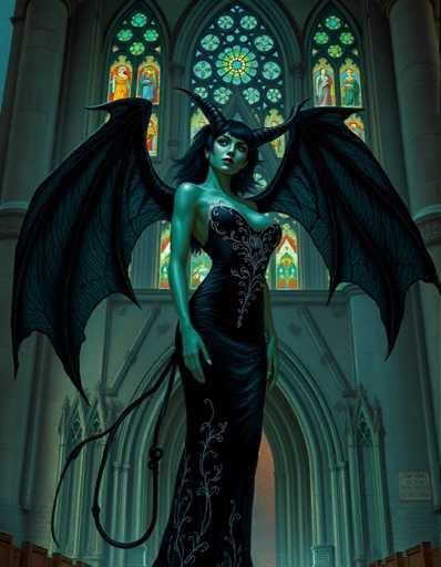 A woman with long black hair and a large pair of wings stands in front of an ornate Gothic church. She is wearing a long dress that reaches down to her knees, and the church has stained glass windows on its walls. The image does not contain any discernible text or other objects.