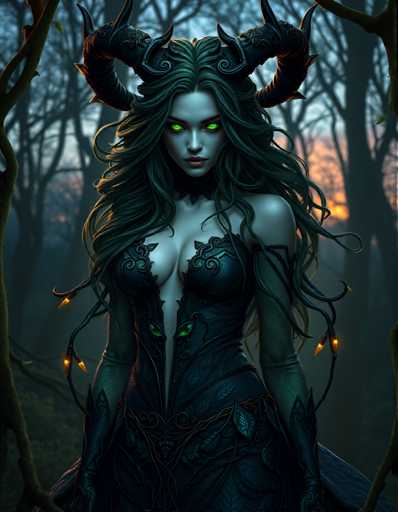 A woman with long dark hair and green eyes stands in a forest at sunset, wearing a black dress adorned with intricate designs and holding a lantern that casts a warm glow on her face.