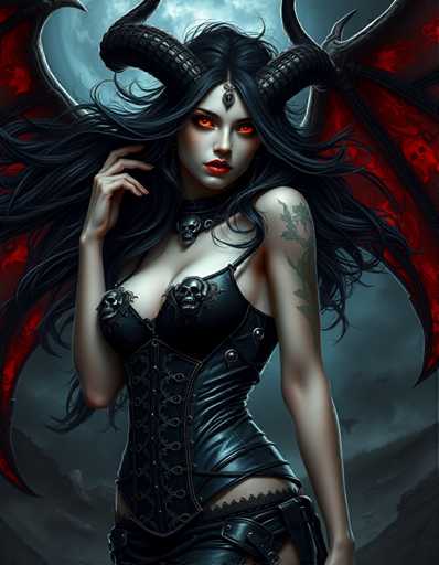 The image depicts a woman with long dark hair and red eyes wearing a black corset and bodysuit adorned with red horns. She is standing against a backdrop of a stormy sky, suggesting an atmospheric or dramatic setting. The woman's pose and attire give the impression that she is a character from a fantasy world or mythology.