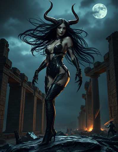 The image depicts a woman with long dark hair and horns standing on a rock formation against the backdrop of an ancient castle ruins. The woman is wearing a black outfit that includes a corset and boots, which adds to her regal appearance. In the background, there are two men engaged in combat, one wielding a sword while the other holds a shield.