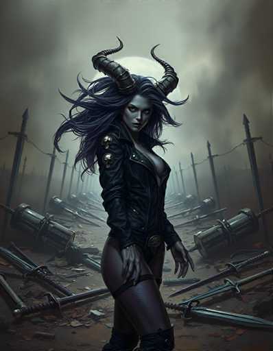 The image depicts a woman with long dark hair and horns standing in the center of a graveyard. She is wearing a black leather jacket and boots, and her arms are crossed over her chest as she gazes off to the side. The background shows an eerie landscape filled with graveyards and skulls, creating a sense of darkness and mystery.