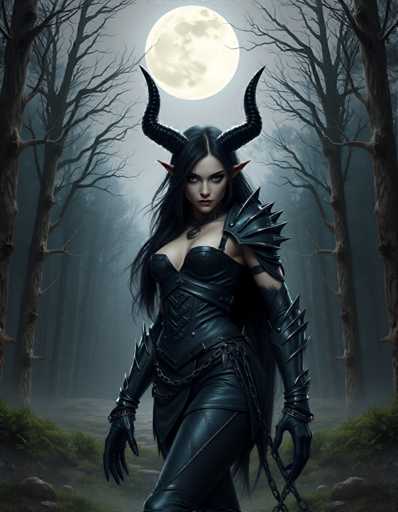 A woman with long dark hair and a black dress stands in front of a full moon on the right side of the image. She is wearing a necklace around her neck and holding a chain in her hand. The background features trees and bushes, creating an eerie atmosphere.