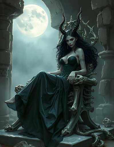 A woman with long dark hair and large horns is seated on a stone throne in the center of an illustration. She is wearing a long black dress that contrasts with her surroundings. The background features a large moon and a castle-like structure made of stone blocks.