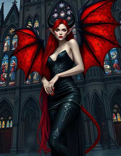 A woman with red hair and a black dress stands in front of an ornate Gothic church, her wings spread wide as she poses confidently.