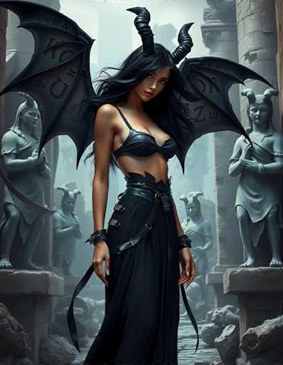 A woman with long dark hair and a black dress stands in front of a group of statues on a stone platform. The statues include one holding a sword and another holding a shield, suggesting a scene from mythology or legend.