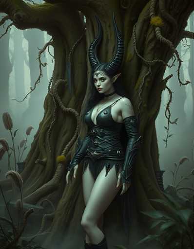 A woman with long dark hair and a black dress stands in front of a tree in a forest. She is wearing a large horned headdress that matches the color of her dress. The background features trees and bushes, creating an impressionistic style.