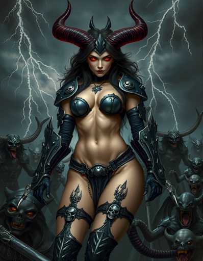 The image depicts a woman with red eyes and horns standing in front of a group of dark-skinned creatures, possibly dragons or other mythical beings. The creature's faces are obscured by shadows, adding to the mysterious atmosphere of the scene. The background is filled with dark clouds and lightning bolts, suggesting that they are in a stormy environment.